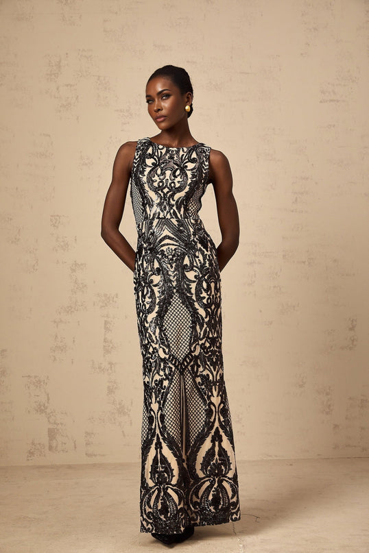 Catherine Black Paisley Jacquard Sequin Maxi Dress