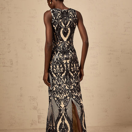Catherine Black Paisley Jacquard Sequin Sleeveless Maxi Dress