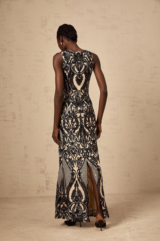 Catherine Black Paisley Jacquard Sequin Sleeveless Maxi Dress