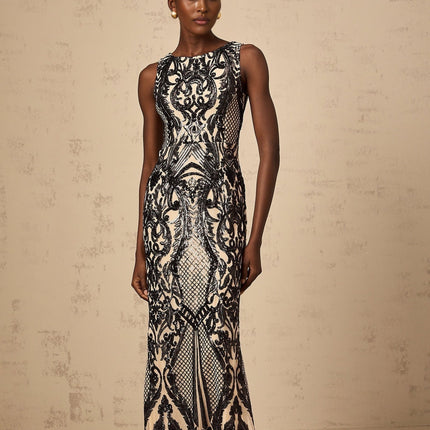 Catherine Black Paisley Jacquard Sequin Sleeveless Maxi Dress