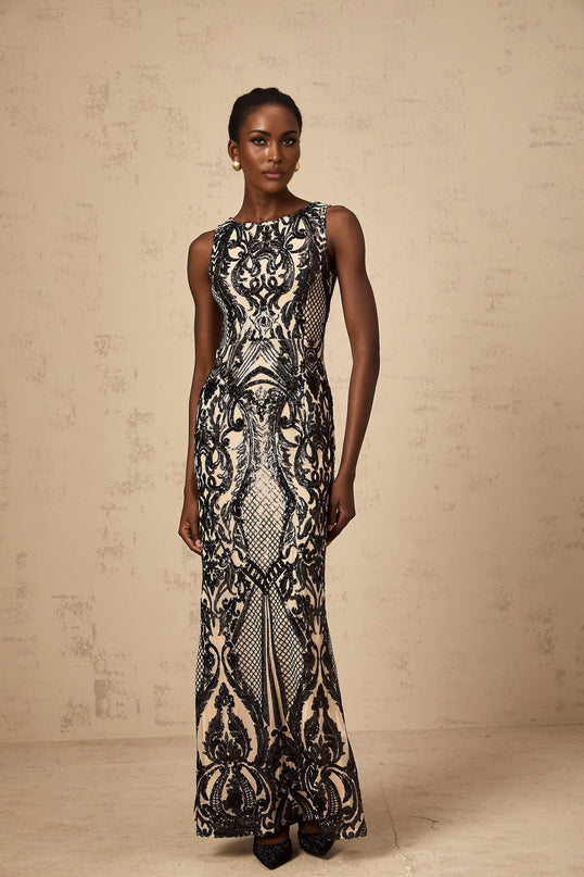 Catherine Black Paisley Jacquard Sequin Sleeveless Maxi Dress