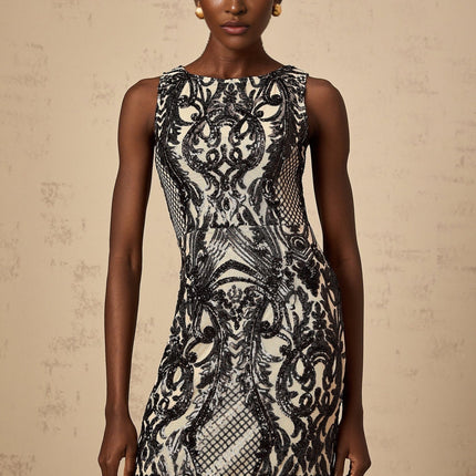 Catherine Black Paisley Sequin Sleeveless Maxi Dress