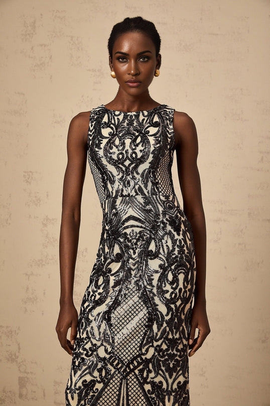 Catherine Black Paisley Sequin Sleeveless Maxi Dress