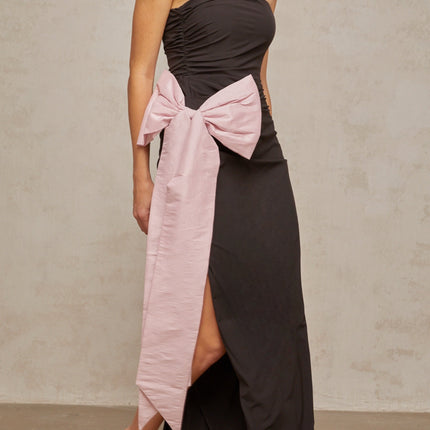 Catherine Black and Pink Maxi Dress with Bow Detailing and Side Slit