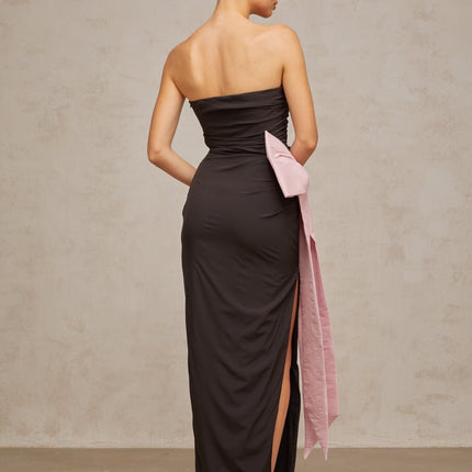 Catherine Black and Pink Maxi Dress with Bow Detailing and Side Slit