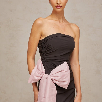 Catherine Black and Pink Maxi Dress with Bow Detailing and Side Slit