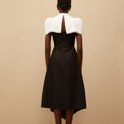 Catherine Black White Color Block Crystal Embellished Midi Dress with Asymmetrical Straps and Detachable Shawl