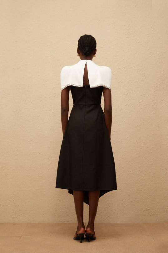Catherine Black White Color Block Crystal Embellished Midi Dress with Asymmetrical Straps and Detachable Shawl