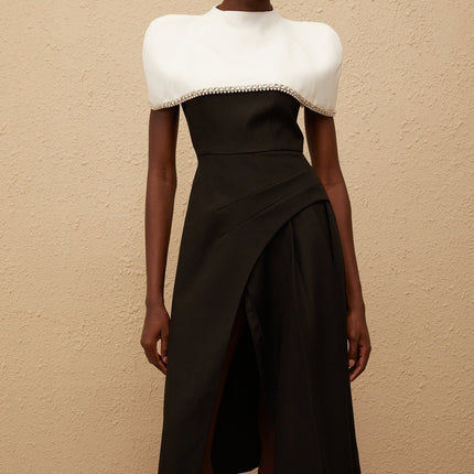 Catherine Black White Color Block Dress with Crystal and Faux-Pearl Embellishments