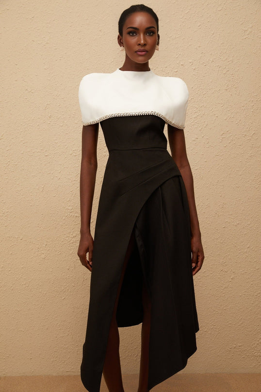 Catherine Black White Color Block Dress with Crystal and Faux-Pearl Embellishments