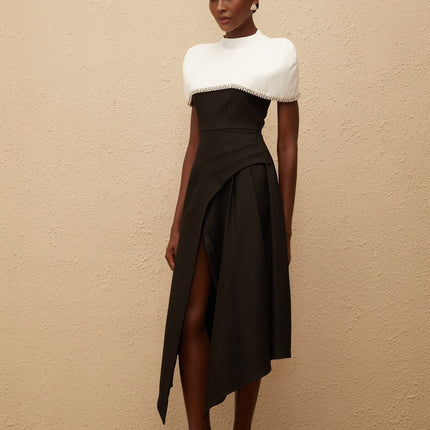 Catherine Black and White Color Block Dress with Crystal and Faux-Pearl Embellishments