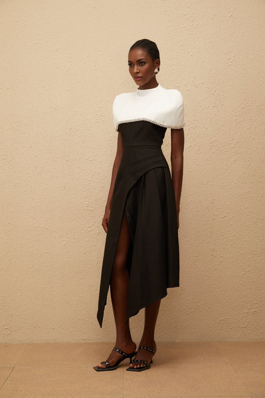 Catherine Black and White Color Block Dress with Crystal and Faux-Pearl Embellishments