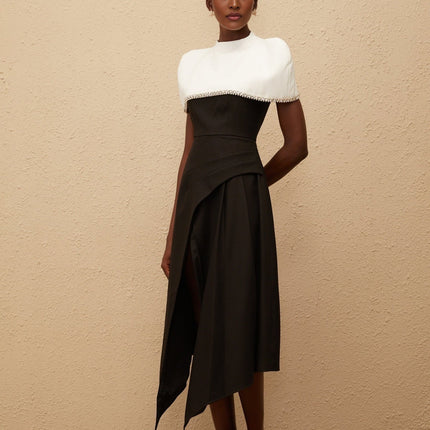 Catherine Black White Color Block Dress with Crystal and Faux-Pearl Embellishments
