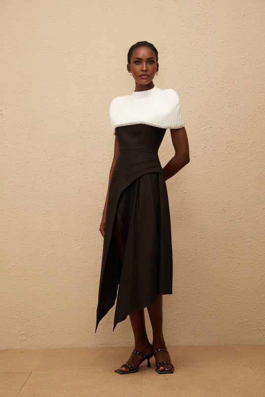 Catherine Black White Color Block Dress with Crystal and Faux-Pearl Embellishments