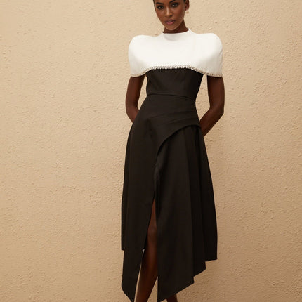 Catherine Black White Color Block Dress Square Neckline Crystal Faux-Pearl Embellishments Asymmetrical Hem Front Slit Midi-Length
