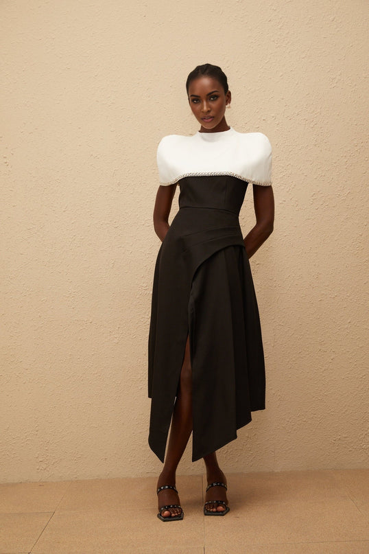 Catherine Black White Color Block Dress Square Neckline Crystal Faux-Pearl Embellishments Asymmetrical Hem Front Slit Midi-Length