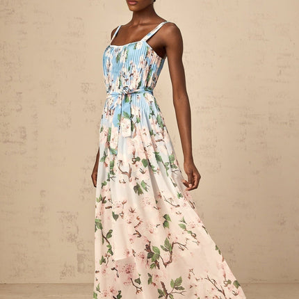 Catherine Blue Floral Maxi Dress with Sakura Print and Tied Waist in Terylene Fabric