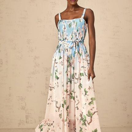 Catherine Blue Floral Maxi Dress with Sakura Print and Tied Waist in High-Quality Terylene Fabric