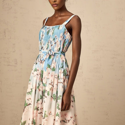 Catherine Blue Floral Maxi Dress Terylene Sakura Print Thin Straps Tied Waist Pressed Crease Detailing Sleeveless Rear Zip Fastening