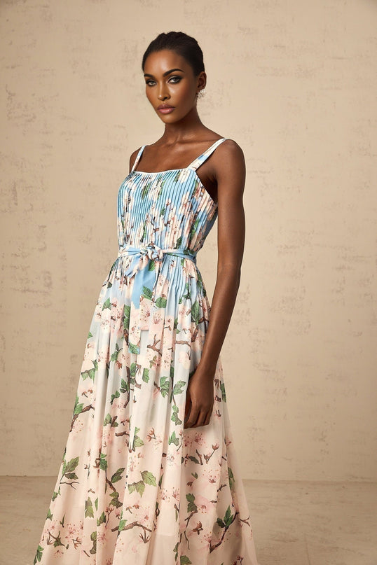 Catherine Blue Floral Maxi Dress Terylene Sakura Print Thin Straps Tied Waist Pressed Crease Detailing Sleeveless Rear Zip Fastening