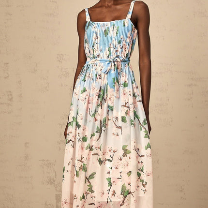 Catherine Blue Sakura Floral Maxi Dress Terylene Sleeveless Elegant Chic