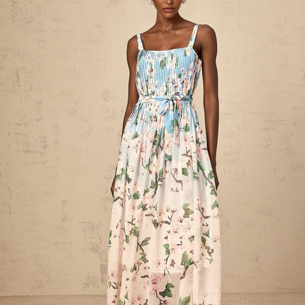 Catherine Blue Sakura Floral Maxi Dress Terylene Sleeveless Elegant Sophisticated