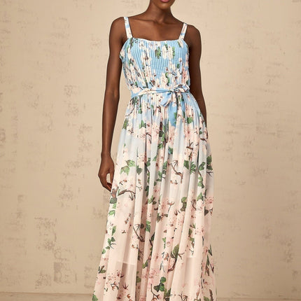 Catherine Blue Sakura Floral Maxi Dress with Tied Waist and Thin Straps