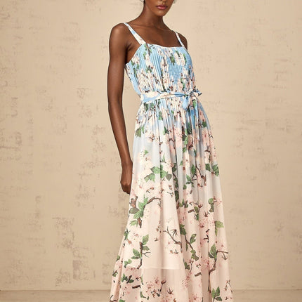Catherine Blue Sakura Floral Maxi Dress in Terylene with tied waist and pressed crease detailing