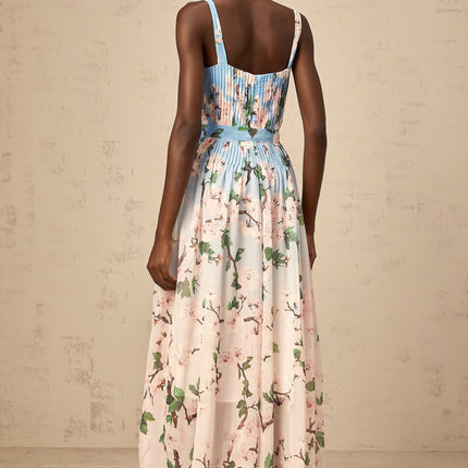 Catherine Blue Sakura Floral Maxi Dress in Terylene