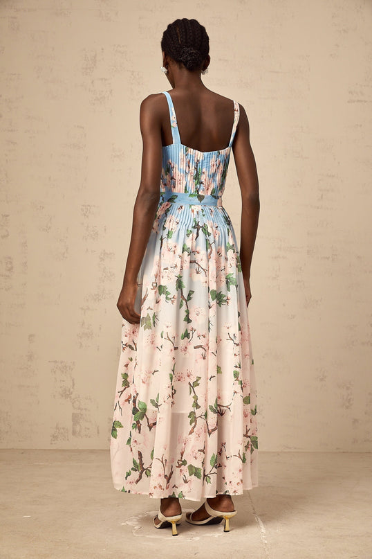 Catherine Blue Sakura Floral Maxi Dress in Terylene