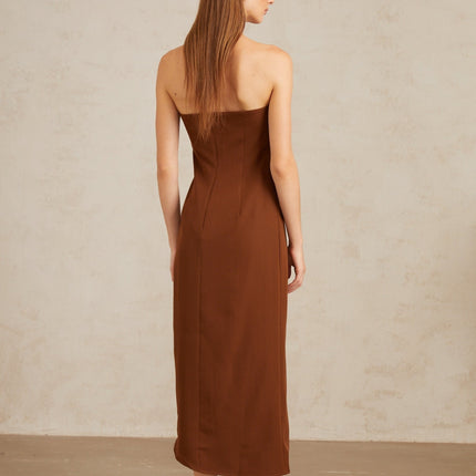 Catherine Brown Midi Dress Elegance Sophistication Asymmetrical Design Cinched Waist Terylene Spandex Front Slit Rear Zip Form-Fitting Silhouette