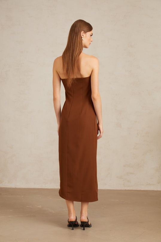 Catherine Brown Midi Dress Elegance Sophistication Asymmetrical Design Cinched Waist Terylene Spandex Front Slit Rear Zip Form-Fitting Silhouette