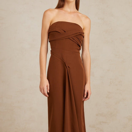 Catherine Brown Midi Dress with Asymmetrical Design and Front Slit