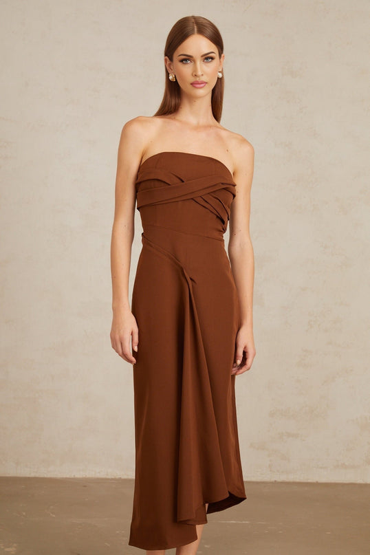 Catherine Brown Midi Dress with Asymmetrical Design and Front Slit
