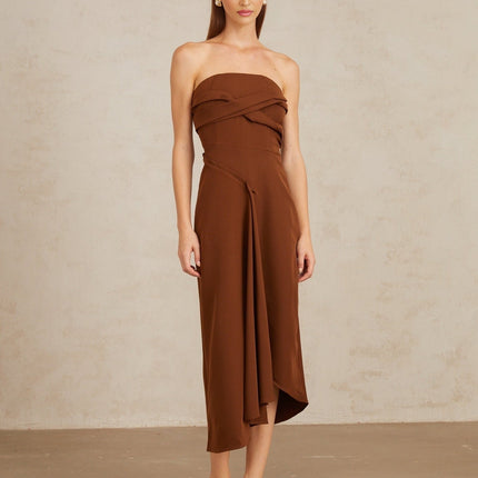 Catherine Brown Midi Dress with Asymmetrical Design and Front Slit