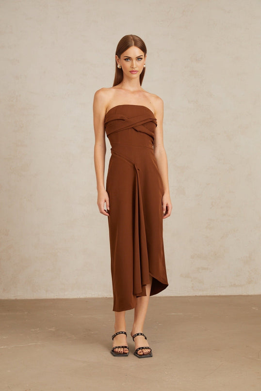 Catherine Brown Midi Dress with Asymmetrical Design and Front Slit