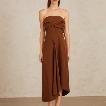 Catherine Brown Midi Dress with Asymmetrical Design and Front Slit