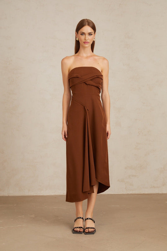 Catherine Brown Midi Dress with Asymmetrical Design and Front Slit