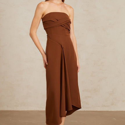 Catherine Brown Midi Dress with Asymmetrical Design and Front Slit