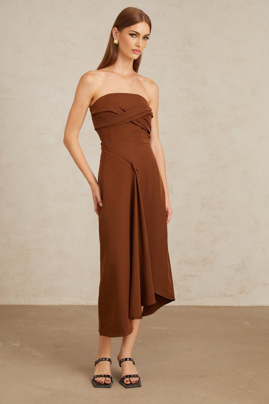 Catherine Brown Midi Dress with Asymmetrical Design and Front Slit