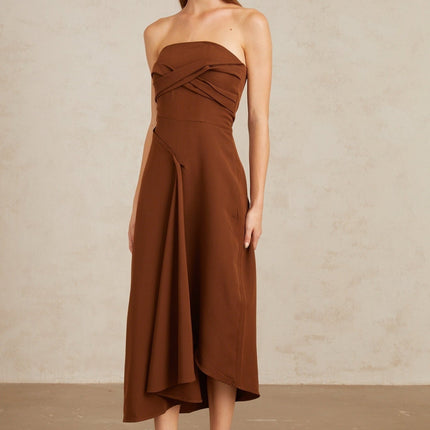 Catherine Brown Midi Dress with Asymmetrical Design and Front Slit