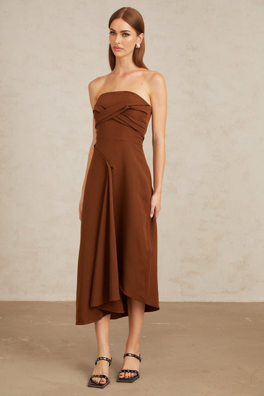 Catherine Brown Midi Dress with Asymmetrical Design and Front Slit