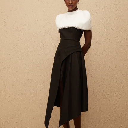 Catherine Black White Color Block Dress Square Neckline Sleeveless Crystal Faux-Pearl Embellishments Fitted Waistline Detachable Shawl Asymmetrical Hem Front Slit Rear Zip Fastening Midi-Length Terylene Spandex Blend Sophistication Elegance Special Occasion