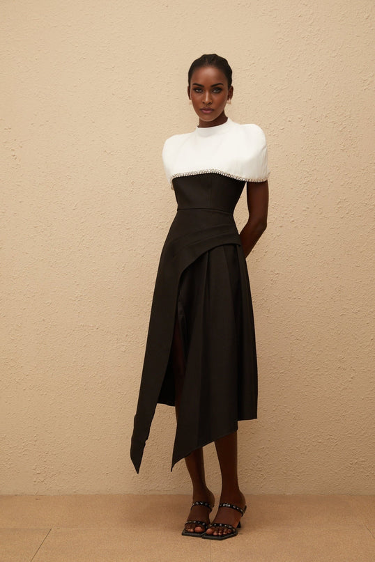 Catherine Black White Color Block Dress Square Neckline Sleeveless Crystal Faux-Pearl Embellishments Fitted Waistline Detachable Shawl Asymmetrical Hem Front Slit Rear Zip Fastening Midi-Length Terylene Spandex Blend Sophistication Elegance Special Occasion