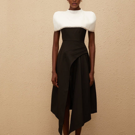 Catherine Black and White Color Block Midi Dress with Crystal and Faux-Pearl Embellishments