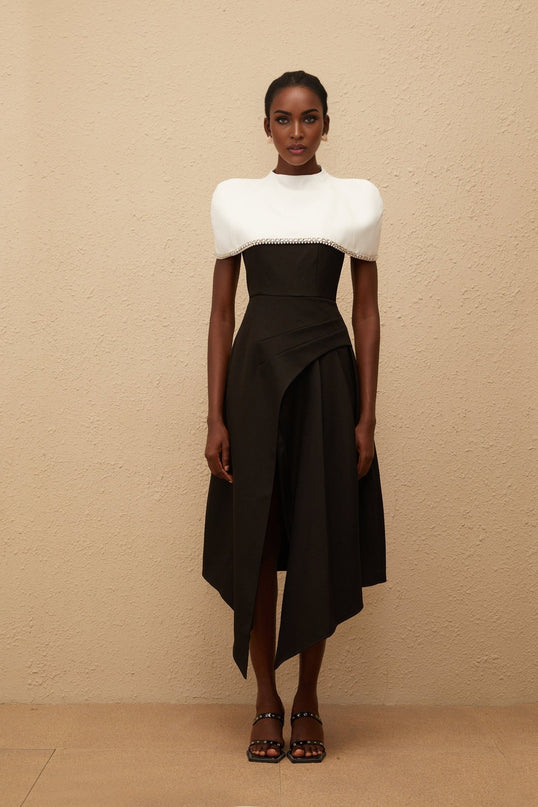 Catherine Black and White Color Block Midi Dress with Crystal and Faux-Pearl Embellishments