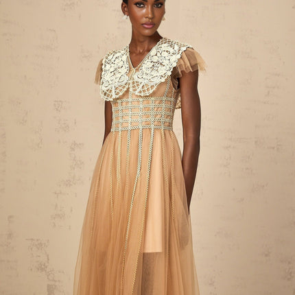 Catherine Elegant V Neck Lace Paneling Midi Dress in Neutrals