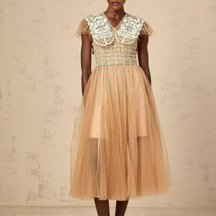 Catherine Elegant V Neck Lace Paneling Midi Dress in Neutrals