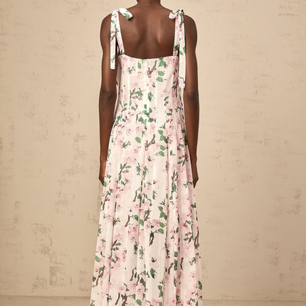 Catherine Floral Maxi Dress Pink White Sakura Print Pleats Tie Straps Square Neck Sleeveless Rear Zip Fastening