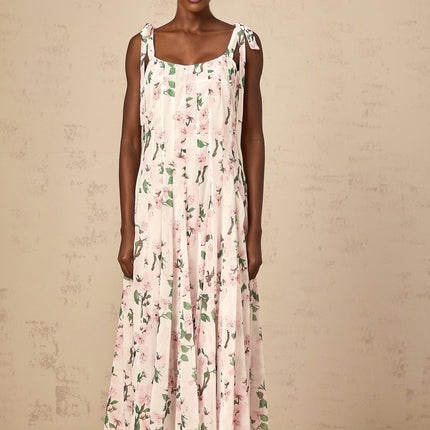 Catherine Floral Maxi Dress Pink White Tie Straps Square Neck Sleeveless Cinched Waist Sakura Print Pleats Rear Zip Fastening